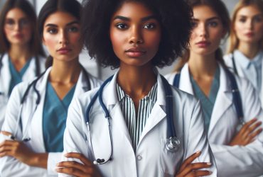 Grupo de mulheres médicas, de várias raças, com expressões sérias
