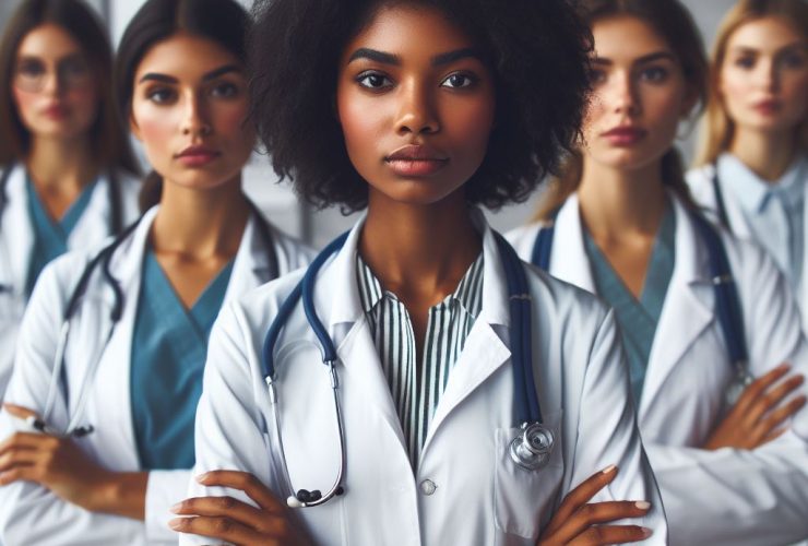 Grupo de mulheres médicas, de várias raças, com expressões sérias