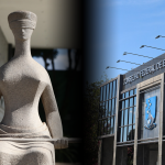 Imagens da estátua da deusa da justiça que fica em frente a sede do STF e imagem da sede do Cofen