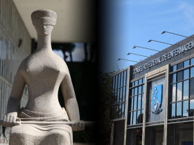Imagens da estátua da deusa da justiça que fica em frente a sede do STF e imagem da sede do Cofen