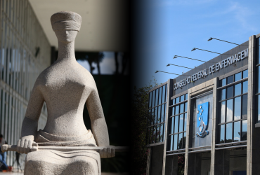 Imagens da estátua da deusa da justiça que fica em frente a sede do STF e imagem da sede do Cofen