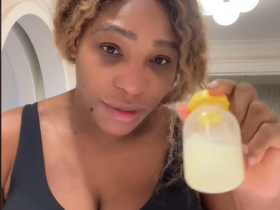 A tenista Serena Williams ao mostrar que usa seu leite materno para queimaduras de sol no TIKTOK