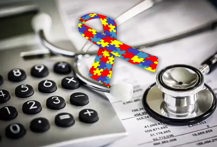 Símbolo do transtorno do espectro autista (TEA) com fundo de estetoscópio, calculadora e documentos, simbolizando planos de saúde