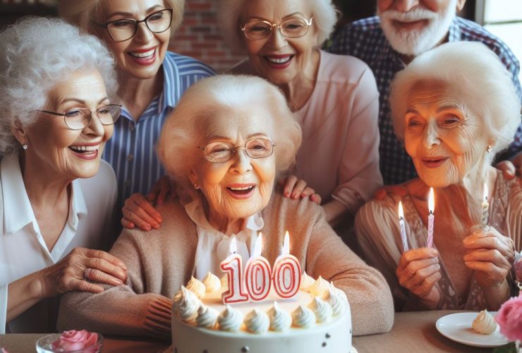 Uma mulher idosa comemorando 100 anos de vida