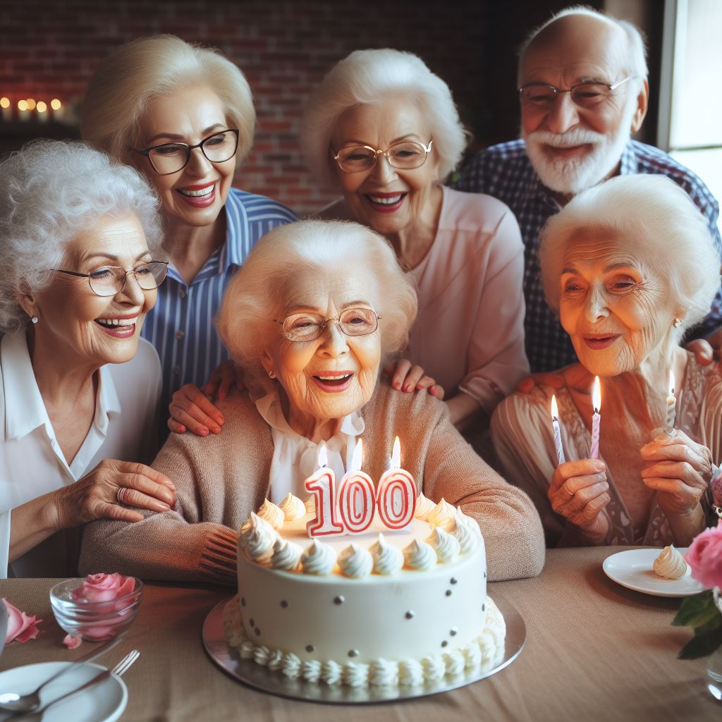 Uma mulher idosa comemorando 100 anos de vida