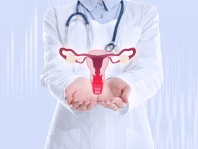 Médica segurando um modelo do aparelho reprodutor feminino, destacando a vagina, local que fica a candidíase