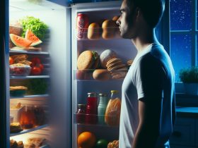 Homem olhando a geladeira a noite procurando o que comer