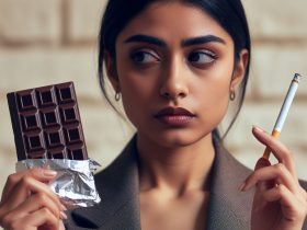 Mulher fica entre uma barra de chocolate amargo e um cigarro