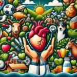 Imagem com mãos médicas, coração, estetoscópio, vegetação e animais, simbolizando a Saúde Única