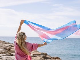 Jovem mulher com bandeira trans Por guillemd
