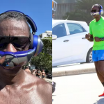 Cantor Seu Jorge correndo na orla do Rio de Janeiro com fone com filtro de ar