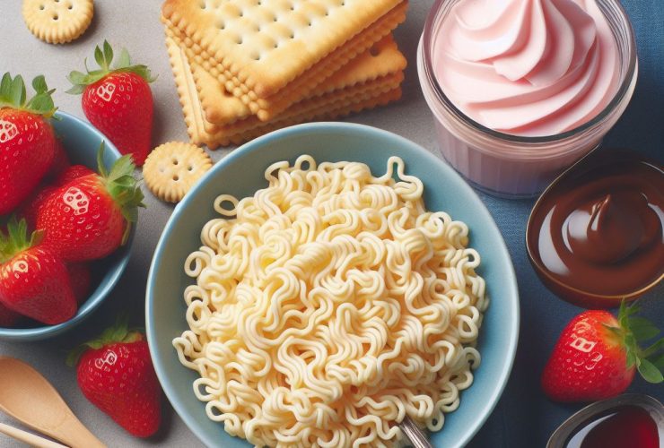 Imagem de macarrão instantâneo, biscoito maisena, sobremesa petit-suisse sabor morango