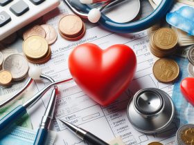Coração, estetoscópio, calculadora, moedas, representando planos de saúde e impostos