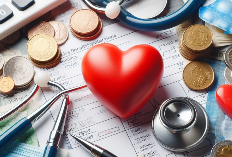 Coração, estetoscópio, calculadora, moedas, representando planos de saúde e impostos