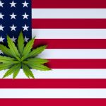 Folha da maconha em cima da bandeira dos Estados Unidos