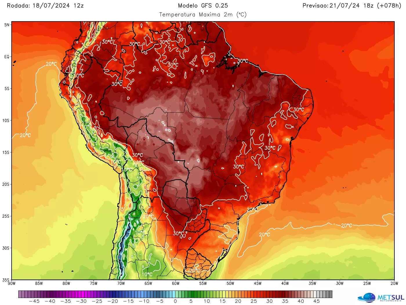 Mapa da previsão da onda de calor no Brasil feito pelo METSUL