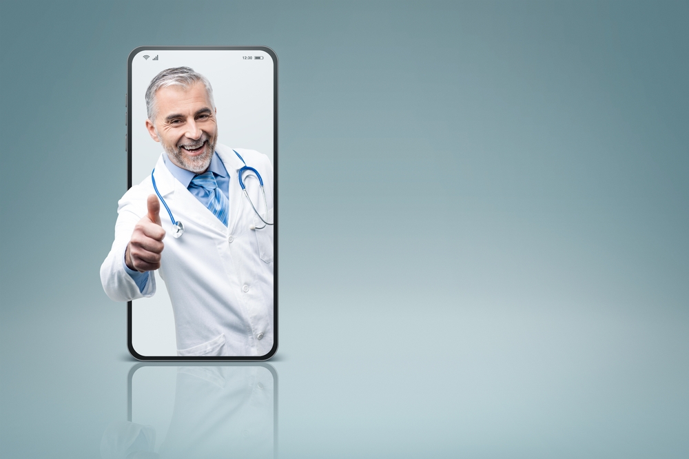 Um médico saindo da tela do smartphone