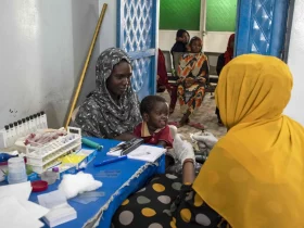 Uma mãe leva seu filho para um exame de sangue em uma unidade de saúde para mulheres e crianças no campo de IDP Abu Shouk, em Darfur do Norte. Em 2003, um conflito eclodiu em Darfur e forçou milhões de pessoas a fugir de suas casas | Foto de Lindsay Mackenzie para OMS