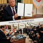 Foto do presidente dos EUA, Donald Trump, assinando decretos durante seu 1º dia de mandado Foto: divulgação da Casa Branca