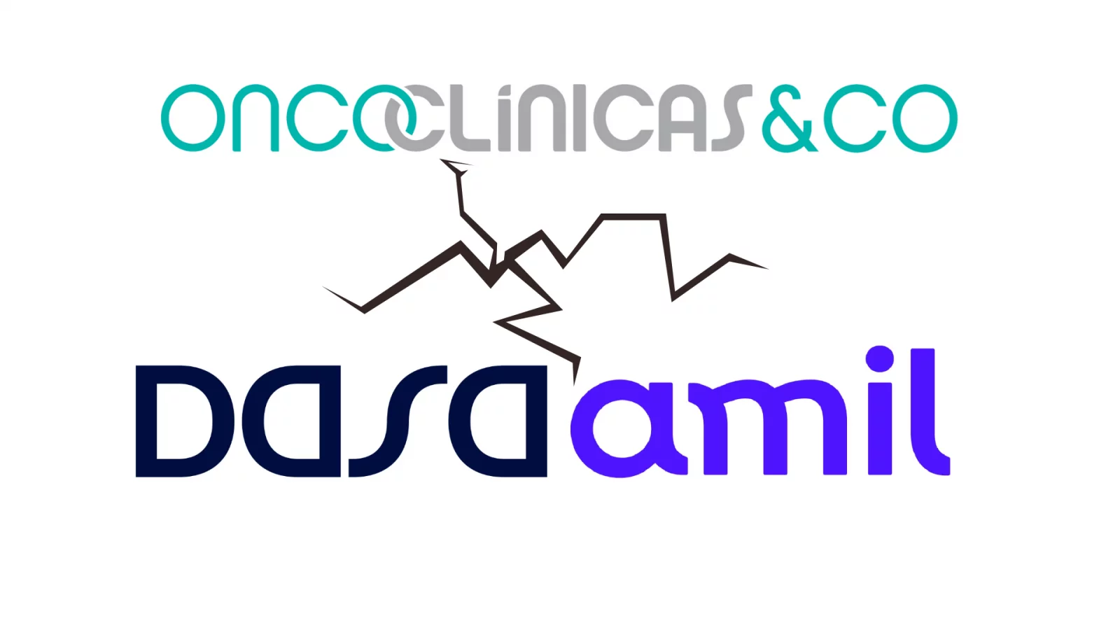 Logos da Oncoclínicas e da Dasa e Amil separadas por uma rachadura