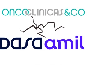 Logos da Oncoclínicas e da Dasa e Amil separadas por uma rachadura