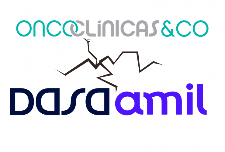 Logos da Oncoclínicas e da Dasa e Amil separadas por uma rachadura