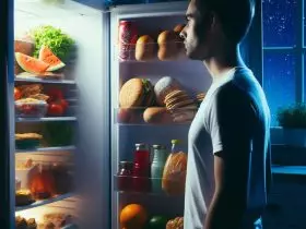 Homem olhando a geladeira a noite procurando o que comer
