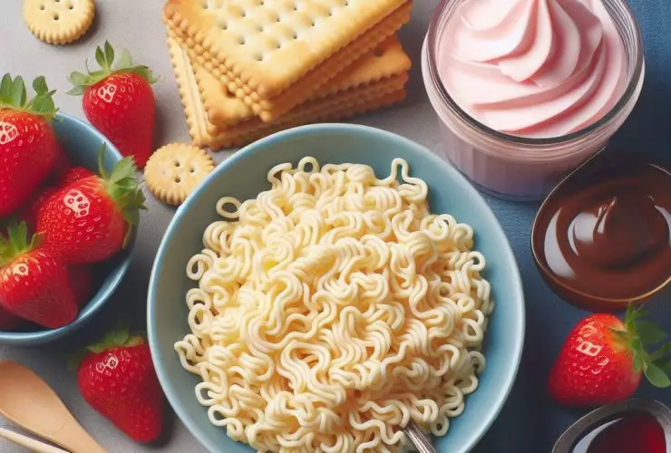 Imagem de macarrão instantâneo, biscoito maisena, sobremesa petit-suisse sabor morango Imagem criada por inteligência artificial