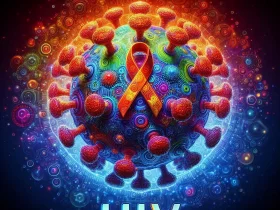 Vírus HIV e a fita que simboliza o combate Imagem criada por inteligência artificial