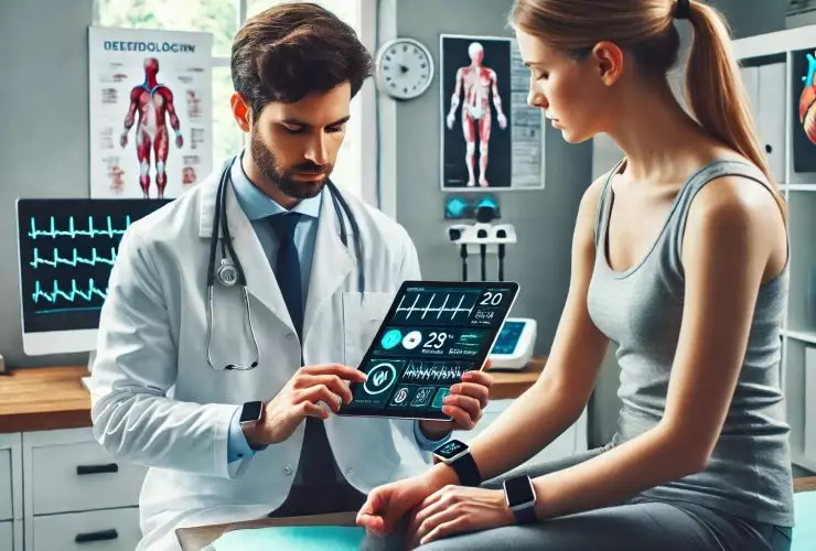 Cardiologista monitorando o batimento cardíaco da paciente com wearable Imagem criada por inteligência artificial