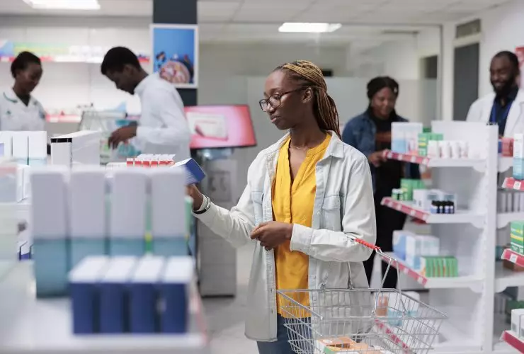 Mulher afro-americana comprando vitaminas em farmácia, instrução de leitura Por DC_Studio