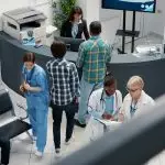 Médico sênior e médico afro-americano falando na recepção do hospital Por DC_Studio
